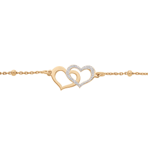 BRACELET ARGENT ET DORURE JAUNE DOUBLE COEUR GRANITÉ CHAINE AVEC BOULES  15+3CM