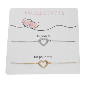 PLAQUETTE DE 2 BRACELETS D' AMITIÉ 1 ARGENT RHODIÉ ET 1 DORURE JAUNE COEURS CONTOUR OXYDES BLANCS SERTIS 15+3CM