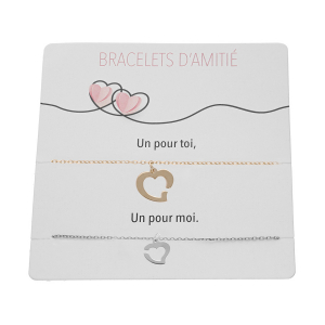 PLAQUETTE DE 2 BRACELETS D' AMITIÉ 1 ARGENT RHODIÉ ET 1 DORURE JAUNE COEURS MENOTTES 15+3CM