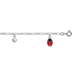 BRACELET ARGENT RHODIÉ PAMPILLES COCCINELLES ROUGES ET COEURS 14+2CM