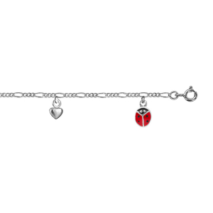 BRACELET ARGENT RHODIÉ PAMPILLES COCCINELLES ROUGES ET COEURS 14+2CM
