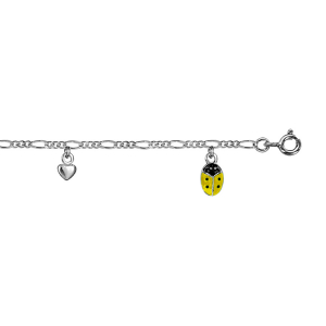 BRACELET ARGENT RHODIÉ PAMPILLES COCCINELLES JAUNE ET COEURS 14+2CM