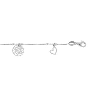 BRACELET ARGENT RHODIÉ FINE BOULES PAMPILLES COEURS ET ARBRE DE VIE 16+3CM