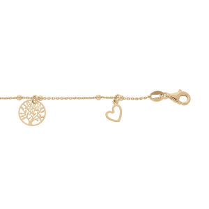 BRACELET ARGENT ET DORURE JAUNE FINE BOULES PAMPILLES COEURS ET ARBRE DE VIE 16+3CM
