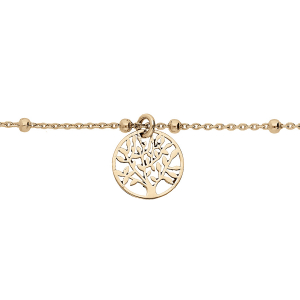 BRACELET ARGENT ET DORURE JAUNE FINE BOULES PAMPILLE ARBRE DE VIE 16+3CM