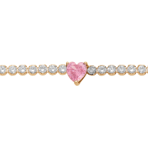 BRACELET ARGENT ET DORURE JAUNE RIVIERE OXYDES BLANCS ET COEUR OXYDE ROSE 16+3CM