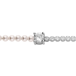 BRACELET ARGENT RHODIÉ 1 COTÉ RIVIERE OXYDES BLANCS ET 1 COTÉ PERLES BLANCHES IMITATION AVEC OXYDE ROND BLANC SERTI 16+3CM