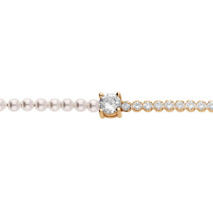 BRACELET ARGENT ET DORURE JAUNE  1 COTÉ RIVIERE OXYDES BLANCS ET 1 COTÉ PERLES BLANCHES IMITATION AVEC OXYDE ROND BLANC SERTI 16+3CM