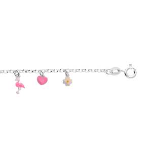 BRACELET ENFANT ARGENT RHODIÉ PAMPILLE COEURS FLEURS ET FLAMANT ROSE 13+3CM