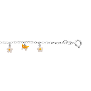 BRACELET ENFANT ARGENT RHODIÉ PAMPILLE FLEURS ET PAPILLON 13+3CM