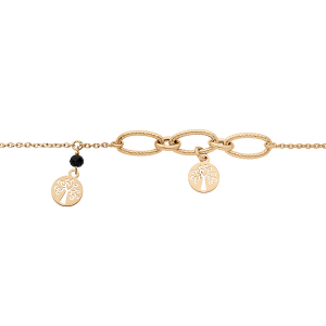 BRACELET ARGENT ET DORURE JAUNE  2 PAMPILLES ARBRE DE VIE ET PIERRE IMITATION FACETÉ NOIRE 16+3CM