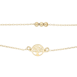 BRACELET ARGENT ET DORURE JAUNE DOUBLE CHAINE ARBRE DE VIE ET BOULES 16+3CM