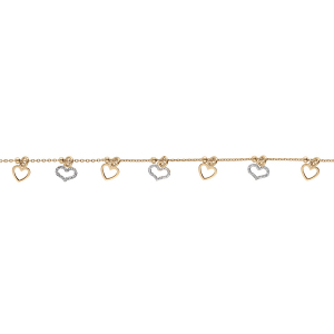 BRACELET ARGENT DORÉ JAUNE PAMPILLES COEURS LISSES ET GIVRÉS 16+3CM