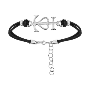 BRACELET ARGENT RHODIÉ CORDON DOUBLE NOIR INTERCHANGEABLE CROIX CAMARGUAISE 16+3CM