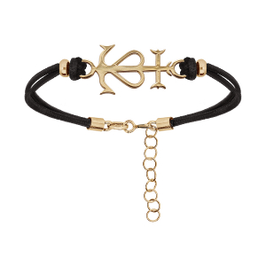 BRACELET ARGENT ET DORURE JAUNE CORDON DOUBLE NOIR INTERCHANGEABLE CROIX CAMARGUAISE 16+3CM