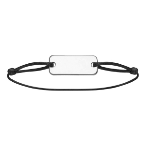 BRACELET CORDON NOIR COULISSANT PLAQUE A GRAVER RECTANGULAIRE ARGENT RHODIÉ