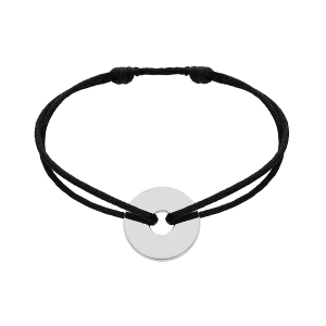 BRACELET CORDON NOIR COULISSANT MOTIF ROND PERCE A GRAVER ARGENT RHODIÉ
