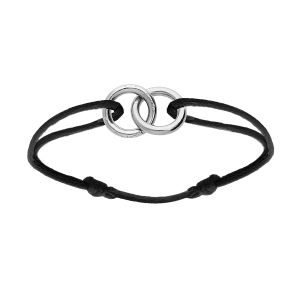 BRACELET ARGENT RHODIÉ MOTIF 2 ANNEAUX ENTRELACÉ 10 x 10MM CORDON COULISSANT NOIR