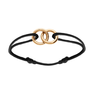 BRACELET ARGENT ET DORÉ JAUNE MOTIF 2 ANNEAUX ENTRELACÉ 10 x 10MM CORDON COULISSANT NOIR