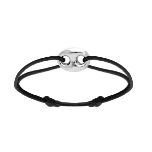 BRACELET ARGENT RHODIÉ MOTIF GRAIN DE CAFÉ 12 x 16MM CORDON COULISSANT NOIR