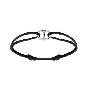 BRACELET ARGENT RHODIÉ  MAILLE MARINE 12 x 8MM CORDON COULISSANT NOIR