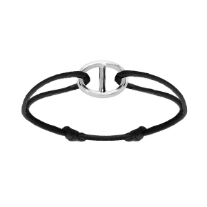BRACELET ARGENT RHODIÉ  MAILLE MARINE 13 x 18MM CORDON COULISSANT NOIR