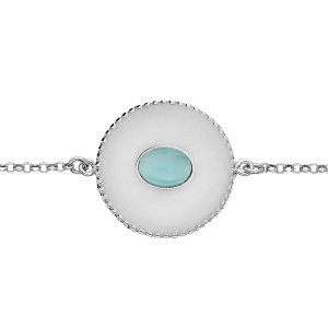 BRACELET ARGENT RHODIÉ ROND EMAIL BLANC ET CABOCHON SYNTHETIQUE BLEU 16+3CM