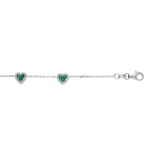 BRACELET ARGENT RHODIÉ COEURS OXYDES VERTS ET BLANCS SERTIS 16+3CM