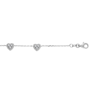 BRACELET ARGENT RHODIÉ COEURS OXYDES BLANCS SERTIS 16+3CM