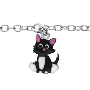 BRACELET ARGENT RHODIÉ MOTIF INFINI AVEC PAMPILLE CHAT EMAILLÉ 12,5+3CM