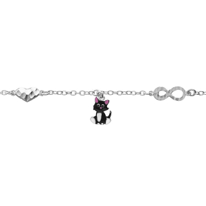 BRACELET ARGENT RHODIÉ MOTIF INFINI ET COEUR AVEC CHAT EMAILLÉ 12,5+3CM
