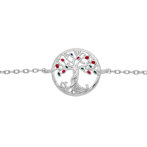 BRACELET ARGENT RHODIÉ ARBRE DE VIE RÉSINE MULTI COULEURS 15+2.5CM