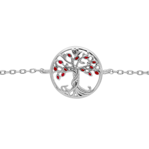 BRACELET ARGENT RHODIÉ ARBRE DE VIE RÉSINE ROUGE 15+2.5CM