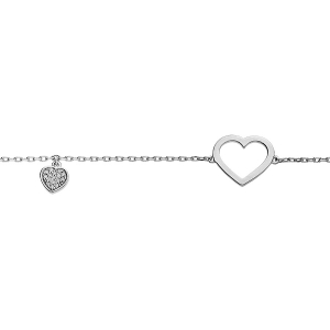 BRACELET ARGENT PLATINÉ COEUR ÉVIDÉ ET PAMPILLE COEUR OXYDES BLANCS SERTIS 16+3CM