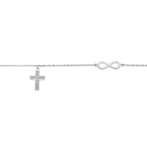 BRACELET ARGENT PLATINÉ INFINI ET PAMPILLE CROIX OXYDES BLANCS SERTIS 16+3CM