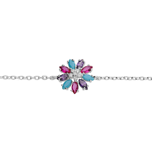 BRACELET ARGENT RHODIÉ FLEUR OXYDES MULTI COULEURS 16+2CM