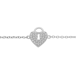 BRACELET ARGENT RHODIÉ CADENAS COEUR PAVÉ OXYDES BLANCS 16+2CM