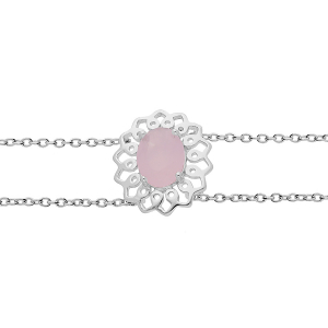 BRACELET ARGENT RHODIÉ DOUBLE CHAINE MOTIF FLEUR PIERRE SYNTHETIQUE ROSE 16+3CM