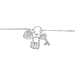 BRACELET ARGENT RHODIÉ BRELOQUES CADENAS COEUR CLEFS OXYDES BLANCS 16+2CM