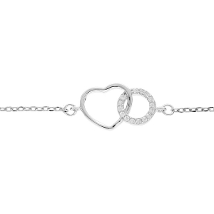 BRACELET ARGENT RHODIÉ CERCLE OXYDES BLANCS SERTIS ENTRELACÉ AVEC COEUR LISSE 16+3CM