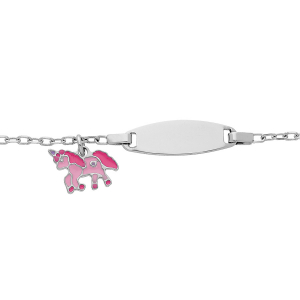 BRACELET IDENTITÉ ARGENT RHODIÉ PLAQUE OVALE PAMPILLE LICORNE ROSE 13+2CM