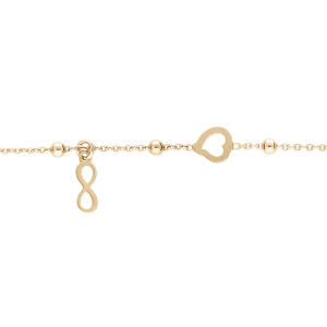 BRACELET ARGENT ET DORURE JAUNE BOULES AVEC 1 COEUR  ET 1 PAMPILLE INFINI 16+3CM