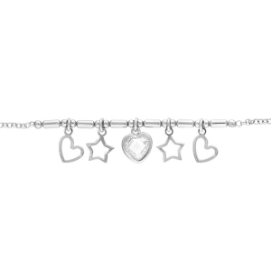 BRACELET ARGENT RHODIÉ AVEC PAMPILLES COEURS , ETOILE  16+3CM