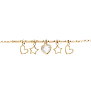 BRACELET ARGENT ET DORURE JAUNE AVEC PAMPILLES COEURS , ETOILES 16+3CM
