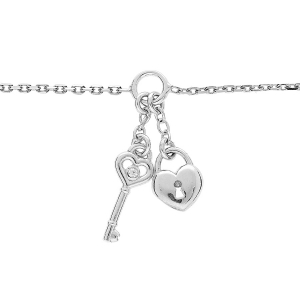 BRACELET ARGENT RHODIÉ PAMPILLE COEUR SERRURE ET CLÉ 16+3CM