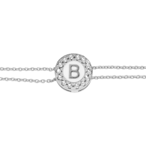 BRACELET ARGENT RHODIÉ DOUBLE CHAINE ROND INITIALE B RECTO VERSO 1 FACE RÉSINE BLANCHE L'AUTRE NOIRE AVEC CONTOUR OXYDES BLANCS SERTIS 16+3CM