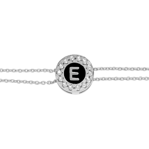 BRACELET ARGENT RHODIÉ DOUBLE CHAINE ROND INITIALE  E  RECTO VERSO 1 FACE RÉSINE BLANCHE L'AUTRE NOIRE  AVEC CONTOUR OXYDES BLANCS SERTIS 16+3CM