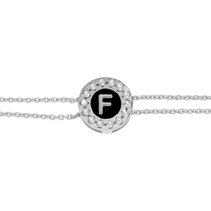 BRACELET ARGENT RHODIÉ DOUBLE CHAINE ROND INITIALE  F  RECTO VERSO 1 FACE BLANCHE L'AUTRE NOIRE AVEC CONTOUR OXYDES BLANCS SERTIS 16+3CM
