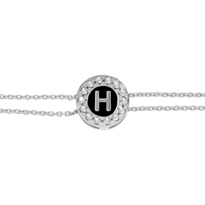 BRACELET ARGENT RHODIÉ DOUBLE CHAINE ROND INITIALE  H  RECTO VERSO 1 FACE RÉSINE BLANCHE L'AUTRE NOIRE AVEC CONTOUR OXYDES BLANCS SERTIS 16+3CM