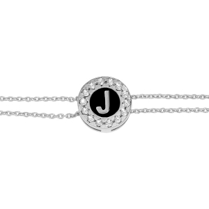 BRACELET ARGENT RHODIÉ DOUBLE CHAINE INITIALE  J  RECTO VERSO 1 FACE RÉSINE BLANCHE  L'AUTRE NOIRE  AVEC CONTOUR OXYDES BLANCS SERTIS 16+3CM
